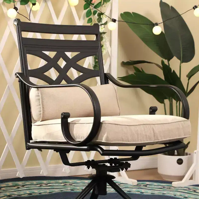 5pc Outdoor Dining Set with Swivel Chairs with Seat & Back Cushions & Square Metal Table with Umbrella Hole - Captiva Designs