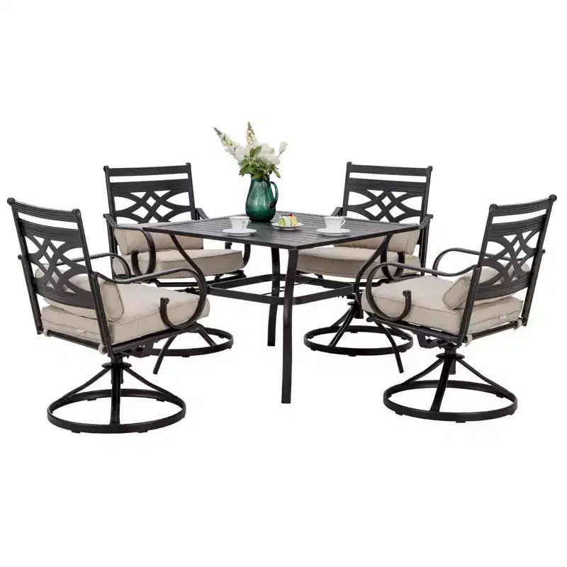 5pc Outdoor Dining Set with Swivel Chairs with Seat & Back Cushions & Square Metal Table with Umbrella Hole - Captiva Designs