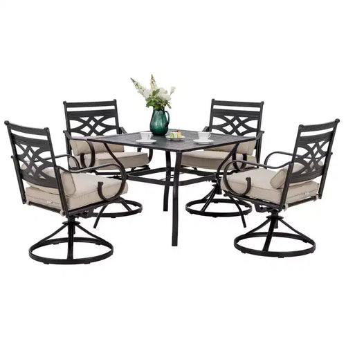5pc Outdoor Dining Set with Swivel Chairs with Seat & Back Cushions & Square Metal Table with Umbrella Hole - Captiva Designs