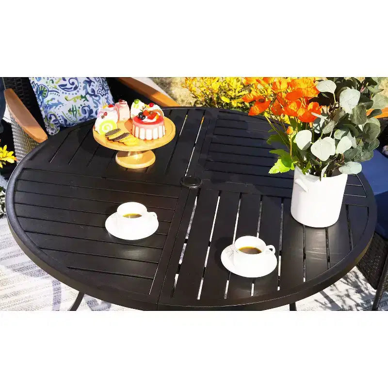 5pc Outdoor Dining Set with Wicker Chairs with Cushions & Round Metal Table with Umbrella Hole - Blue - Captiva Designs