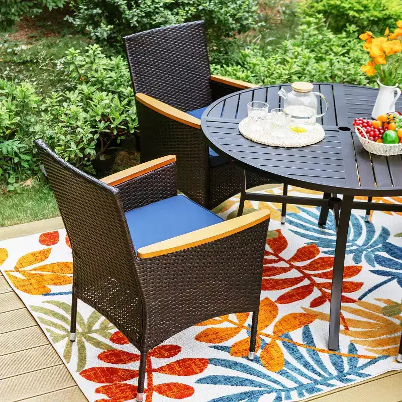 5pc Outdoor Dining Set with Wicker Chairs with Cushions & Round Metal Table with Umbrella Hole - Blue - Captiva Designs