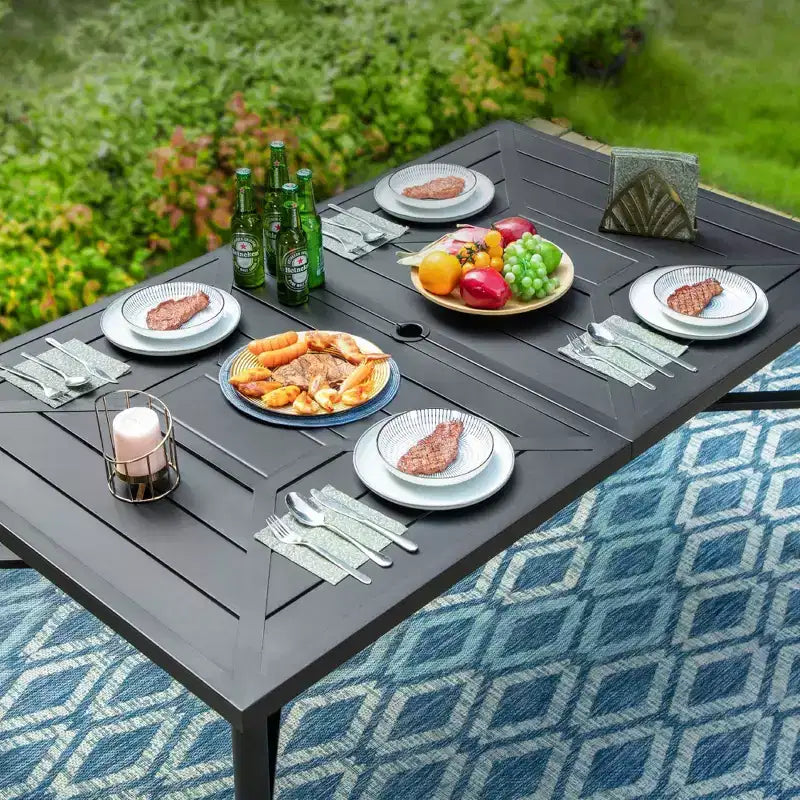 7pc Outdoor Dining Set with Rectangular Table with 1.9" Umbrella Hole & Padded Textilene Chairs - Gray/Black - Captiva Designs: Steel Frame