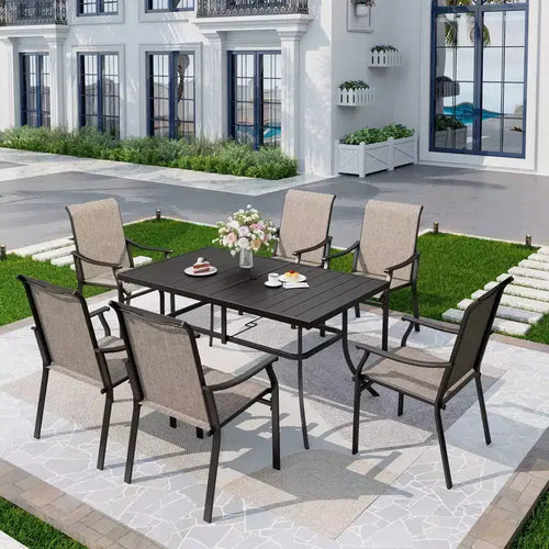 7pc Patio Dining Set with Rectangle Table with 1.57" Umbrella Hole & Sling Arm Chairs - Captiva Designs