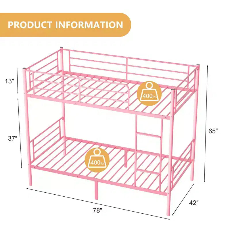 Karl Home Twin Over Twin Steel Bunk Bed Frame Ladder Bedroom Dorm Room for Kids Adult Children
