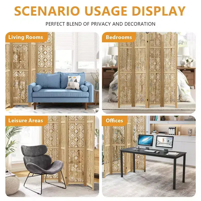 Carved Room Divider Folding Screen Room Divider with Copper Coin Pattern for Home Office Garden Terrace Paulownia Wood
