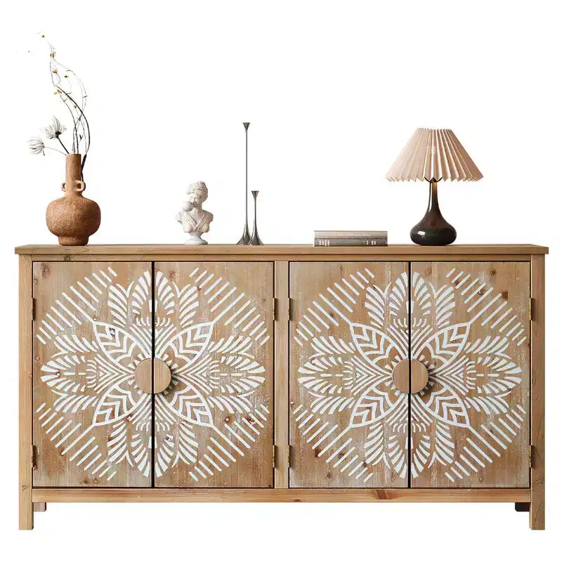 MAYEERTY 60 Wood Accent Cabinet with 4 Doors Brown and Antique White Modern Pantry Cabinet for Living Room Bedroom