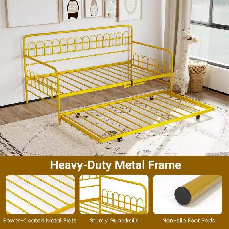 Costway Twin Daybed with Trundle Curved Backrest & Armrests Heavy-duty Metal Slats Black/Gold