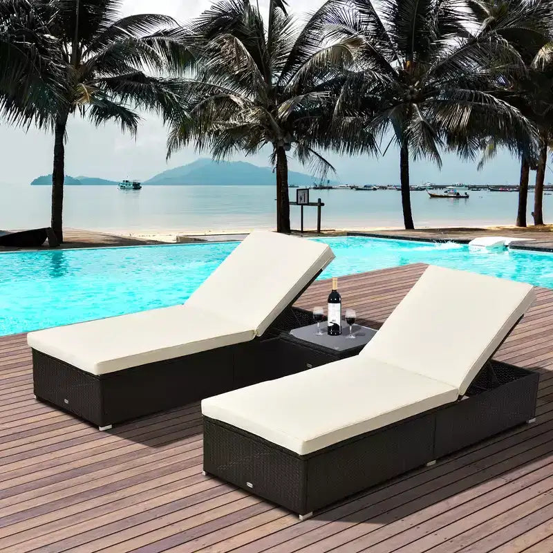 Chaise Lounge Chair Set of 2 with 5 Angle Backrest, Outdoor Coffee Table, Water Repellent Cushions, PE Rattan Wicker Poolside Chairs