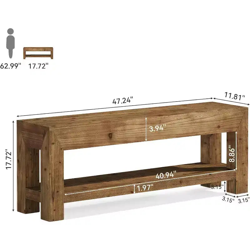 47.24 Solid Wood Entryway Bench with Open Shelves, Rustic Brown