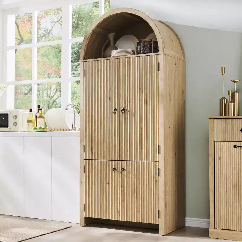 71 Tall Arched Kitchen Pantry, Modern Storage Cabinet with 3 Adjustable Shelves, 6 Door Shelves, for Kitchen, Living Room