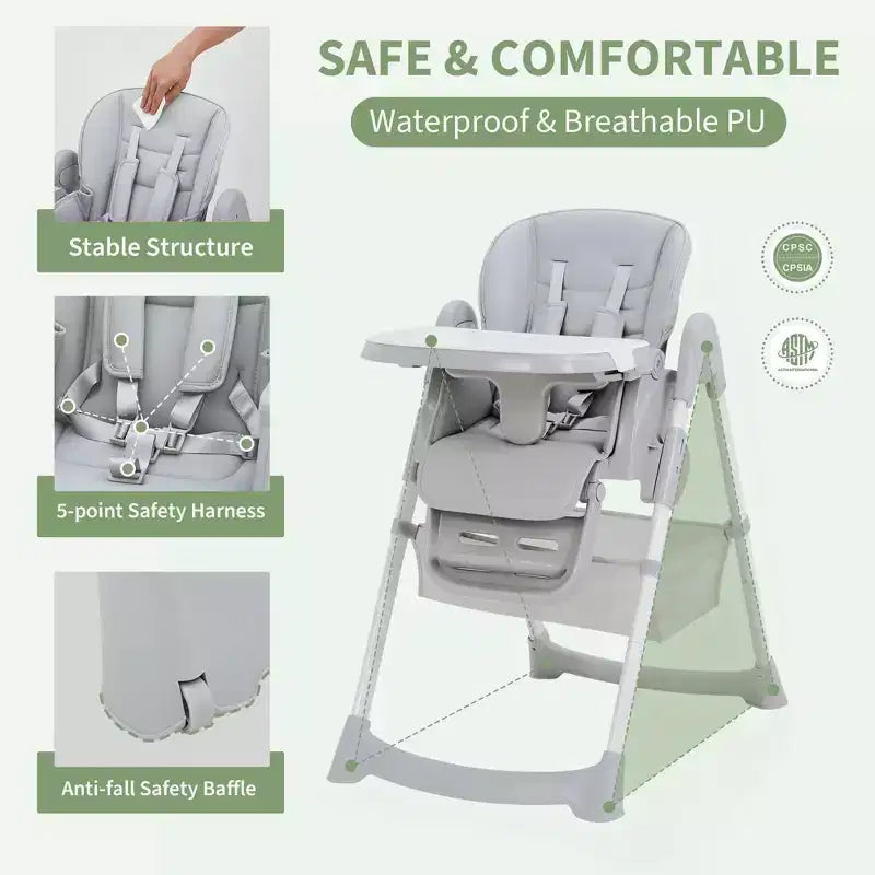 Foldable High Chair for Babies&Toddlers,PU Leather Highchair with Adjustable Backrest,Seat Height,Removable Tray,5-Point Safety Harness&Locking Wheels