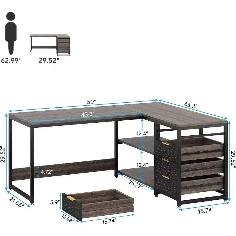 59 Reversible L-Shaped Corner Desk with Storage Drawers, Gray
