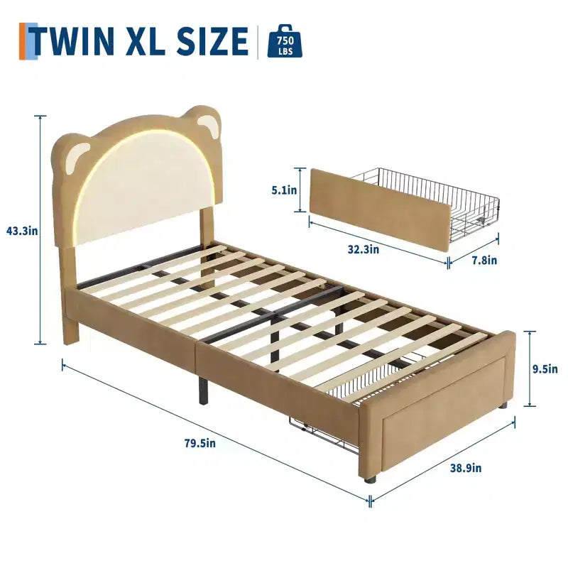 Cute Kids Bed Frame - Adjustable adorable bear design, suede upholstery, storage drawers, solid wood slats, quiet design, easy to assemble.