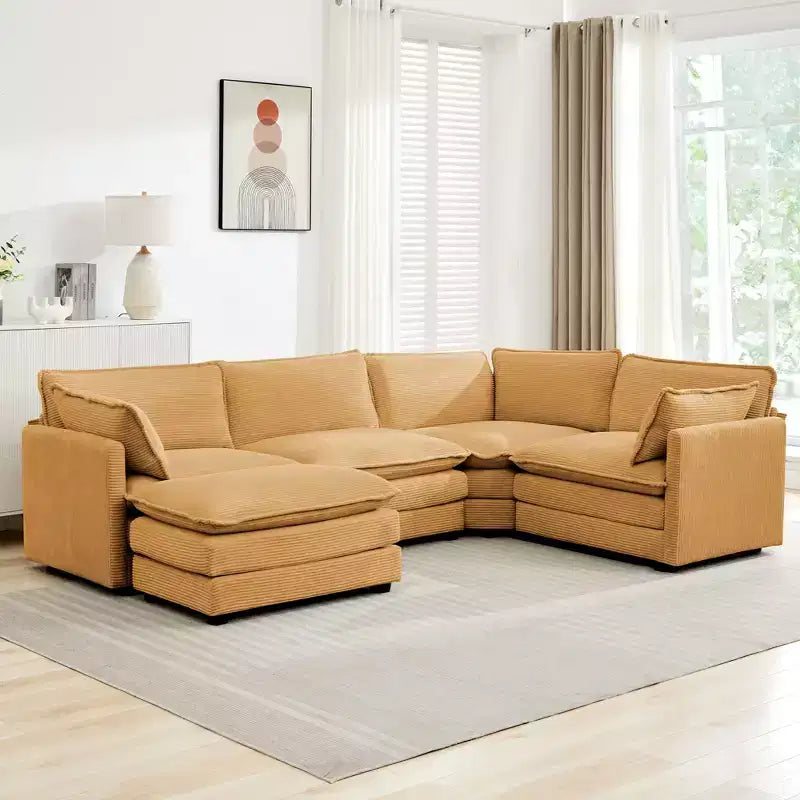 Modern 113.4D*79.13W Oversized Corduroy Modular 5-Seat Sectional Sofa Set with Ottoman U Shaped Sofa Couch with Corner Sofa,HYLEORY