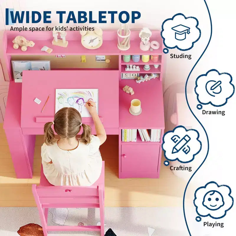 Kids Study Desk & Chair Set with Storage, Kids Study Desk with Hutch and Tiltable, for 3-8 Years Old, Student Writing Table for Bedroom