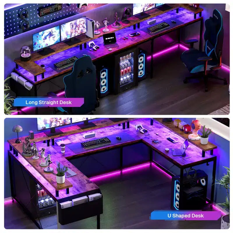 Large U-Shaped Corner Computer Desk with Power, LED Lights, Monitor Stand and Storage for Home Office & Executive Use