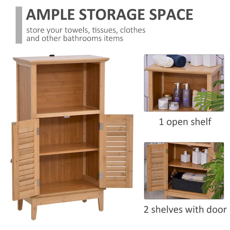 Brown Bamboo Floor Storage Cabinet with Open Shelf and 2 Doors, 1-Person Assembly