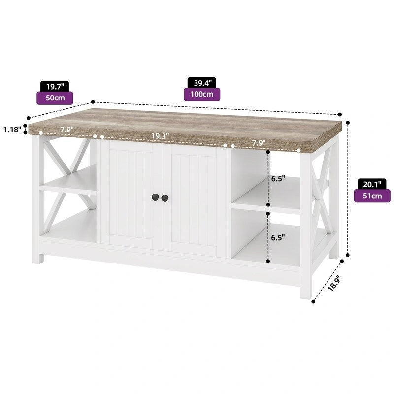 Farmhouse Wood Accent Coffee Table with Large Storage Shelf