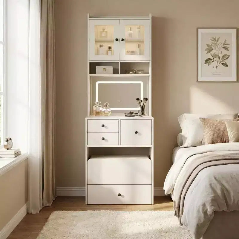 3-in-1 Makeup Vanity Desk with Lighted Mirror, Compact Vanity Table with Drawers, Storage Compartment & Rolling Stool for Bedroom