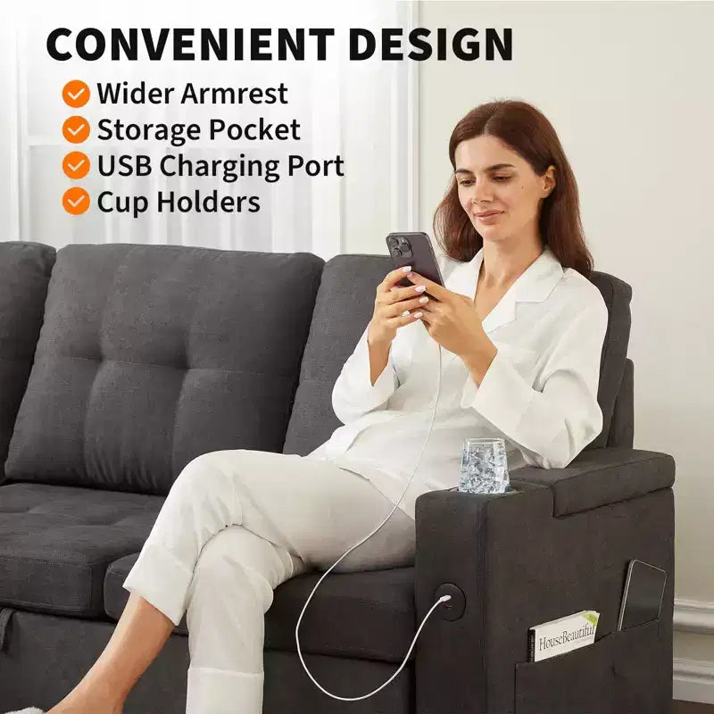 Canapé-lit convertible en L avec couchage escamotable de 213 cm, accoudoirs de rangement dissimulés, porte-gobelets et ports de charge USB, canapé modulable pour salon