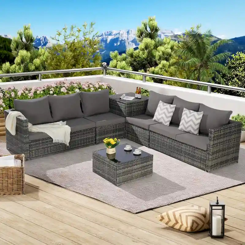 6-Piece Wicker Sectional Sofa Set with Corner & Glass Table