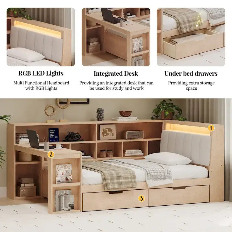 L-shaped Wooden Sofa Daybed with Desk, Bookcase Cabinet, Corner Bed with Under-bed Drawers, Upholstered Headboard Built-in Light