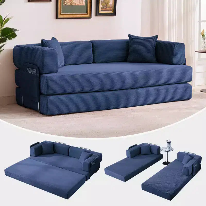 Modern 79 Corduroy Futon Sofa Bed for Small Spaces, 5-in-1 Convertible Sleeper Couch with Removable Armrests & Pillows