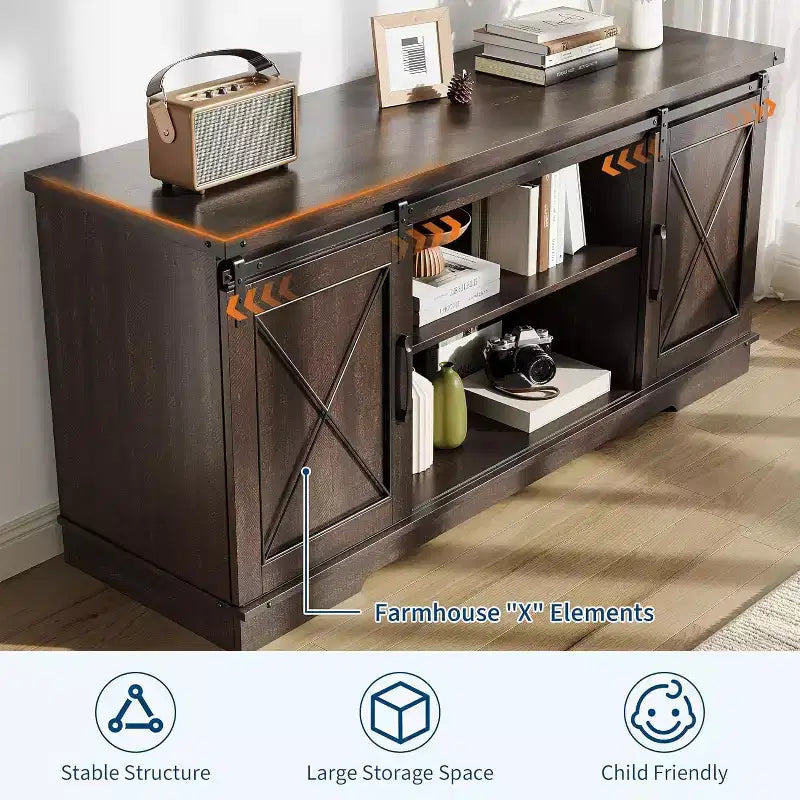 Farmhouse TV Stand for TVs Up to 65, Entertainment Center with Sliding Barn Doors & Storage Cabinets, Media Console Table for Living Room, Bedroom
