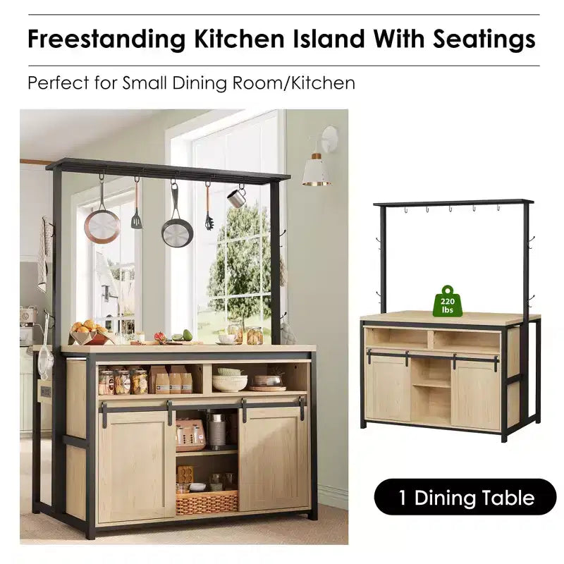 Îlot de cuisine, étagère de boulanger avec porte coulissante de style grange, îlot de cuisine large de 42 po avec support à micro-ondes à 3 niveaux, étagères pour four et table de bar à café