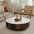 35 Modern Faux Marble Round Coffee Table, White Glossy Sintered Stone Tabletop, Mid Century Table with Solid Wood Drawer
