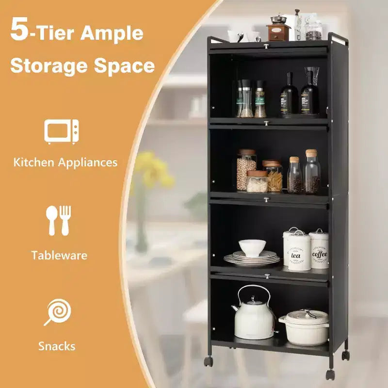 Costway 5-Tier Kitchen Bakers Rack Storage Cabinet Mobile Microwave Stand Flip-up Doors White/Black/Grey/Green