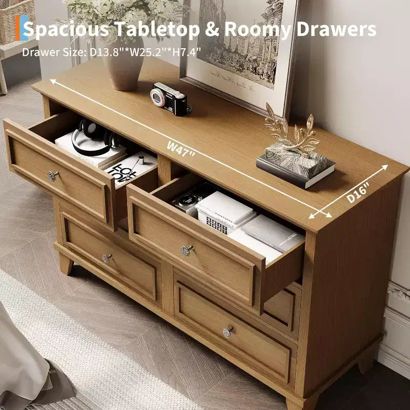 Dresser for Bedroom, 6 Drawer Wide Dresser Storage Organizer, Modern Wooden Chest of Drawers with Metal Handles for Hallway, Entryway, Home Office