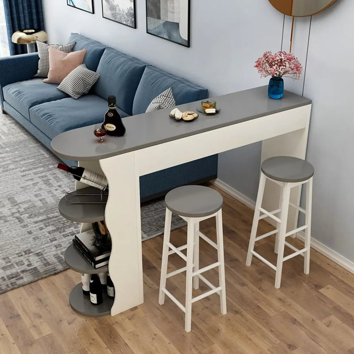 Modern Black-White Wooden Asymmetrical Shelves Bar Tables