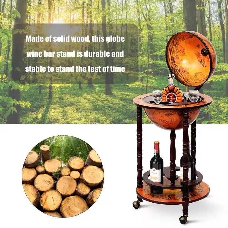 Costway 17.5 Wood Globe Wine Bar Stand 16th Century Italian Rack Liquor Bottle Shelf