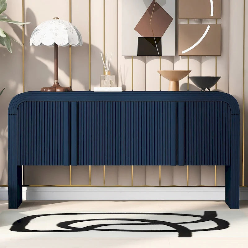 Buffet de rangement arqué avec 4 portes à rayures et étagères réglables, armoires d'entrée modernes avec pieds en pin