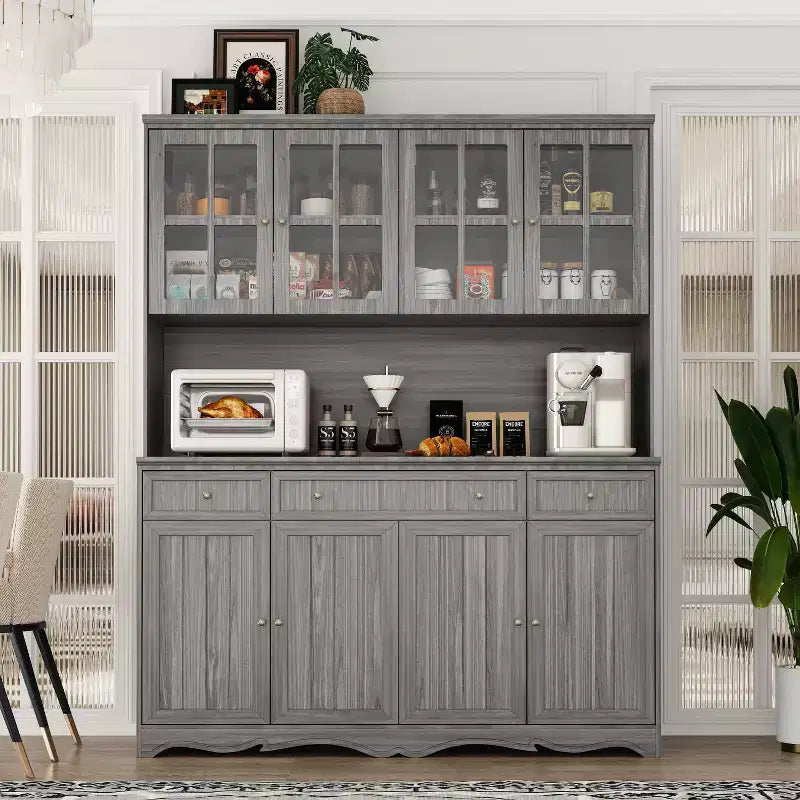 Famapy 61.2W Gray Storage Cabinet Buffet Hutch Kitchen Pantry Cabinet with Ornate Base Trim: Blend of Elegance and Utility