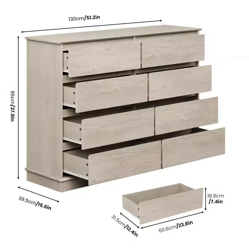 Modern Dresser for Bedroom with 8 Drawers, Wooden Storage Organizer Unit for Closet, Wide Chest of Drawers