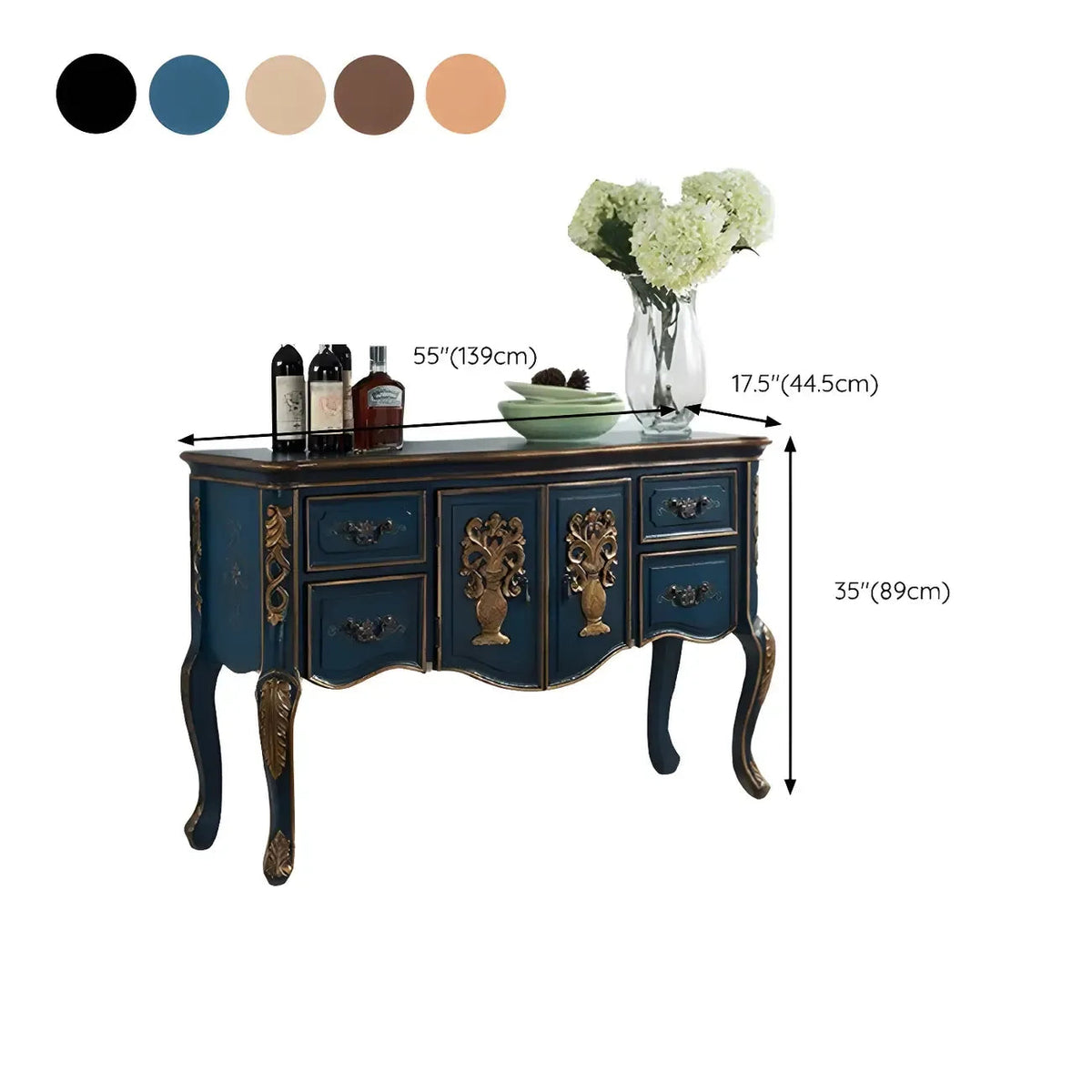 French Coffee Wood Storage Console Table with Drawers