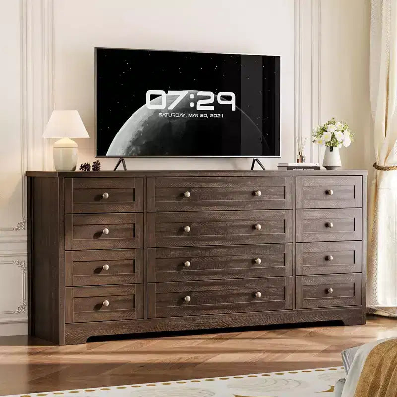 12 Drawers Dresser for Bedroom Wooden, Modern Wide TV Stand Dressers for 65 Inch TV, Wood Chest of Drawers, Farmhouse Clothes Storage for Living Room