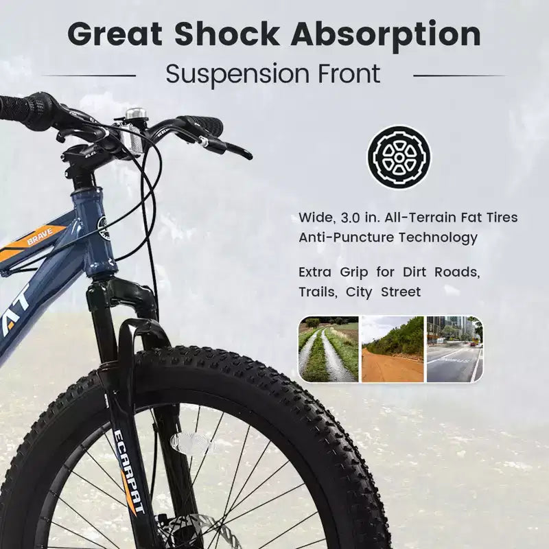 Okak 24IN Fat Tire Bike with Front Suspension, 7-Speed Mountain Bike with Disc Brake and High-Carbon Steel Frame, Trail Bike for Commuting