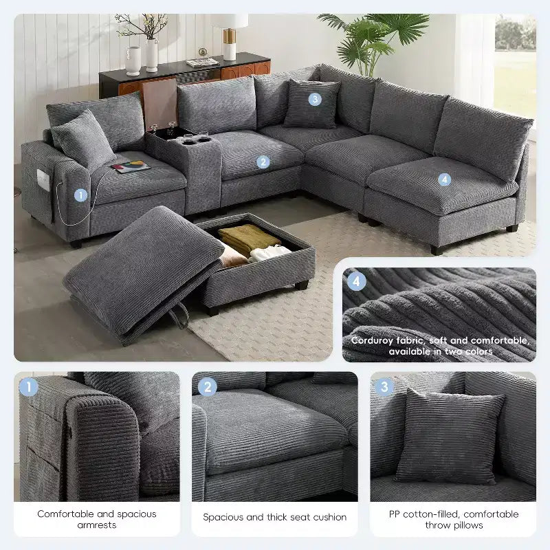 Canapé sectionnel modulaire surdimensionné Clihome 140 avec pouf de rangement mobile, porte-gobelet, siège large, chargeur USB, canapé en velours côtelé en forme de U à 6 places
