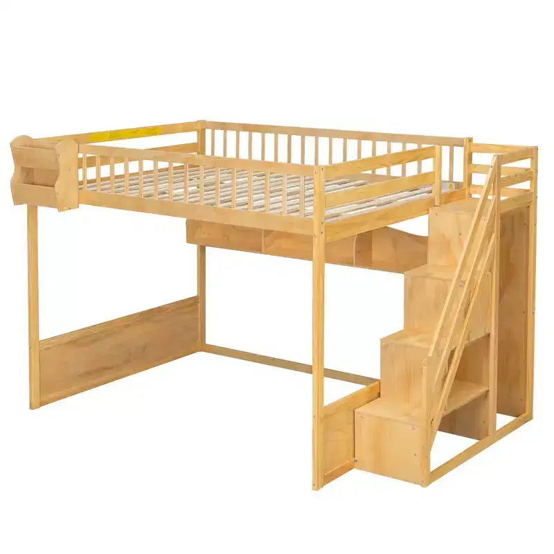 Queen Loft Bed Frame with Staircase, Wardrobe & Storage Shelves - MDF, 650 lb