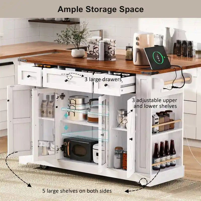 Îlot de cuisine avec rabat, 3 tiroirs et 5 étagères latérales ouvertes, desserte de cuisine roulante avec 2 portes d'armoire en verre trempé et prise de courant