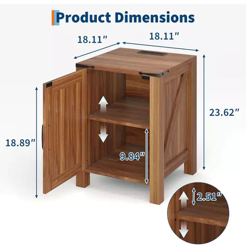 Lot de 2 tables de chevet de ferme avec station de recharge, table de nuit rustique avec porte de grange et étagère réglable, petite table d'appoint pour chambre et salon.