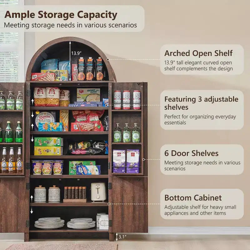71 Tall Arched Kitchen Pantry, Modern Storage Cabinet with 3 Adjustable Shelves, 6 Door Shelves, for Kitchen, Living Room