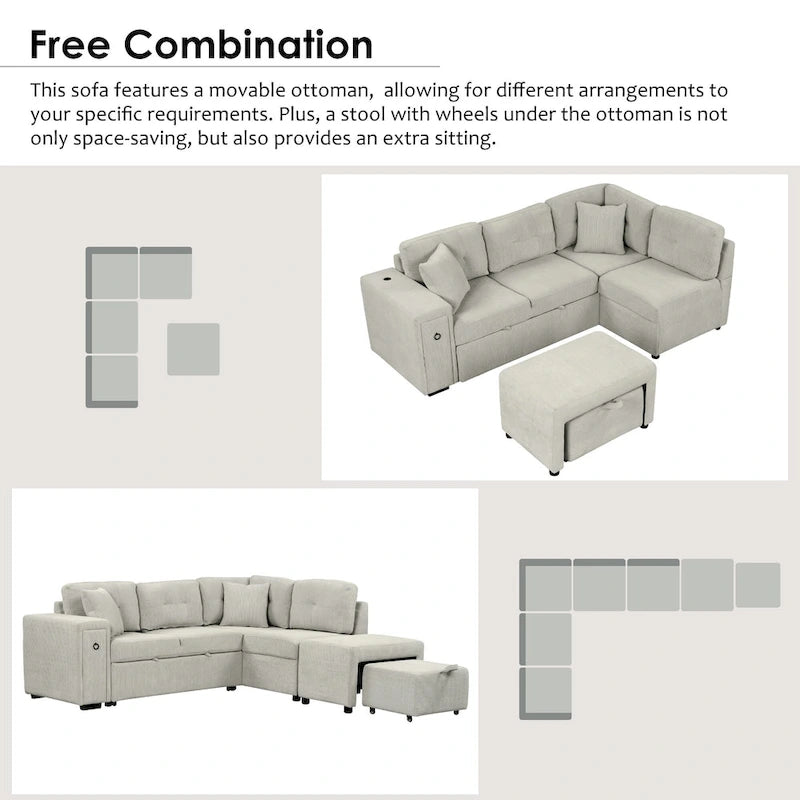 Canapé d'angle 4 places avec lit gigogne, pouf, ports USB et tablette rabattable