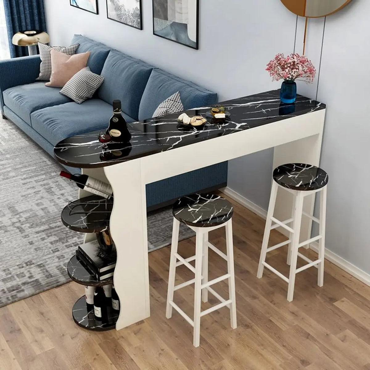 Modern Black-White Wooden Asymmetrical Shelves Bar Tables