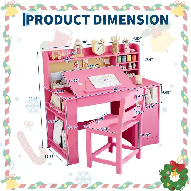 Kids Study Desk & Chair Set with Storage, Kids Study Desk with Hutch and Tiltable, Wooden Children Table with Storage Cabinet for 3-8 Years Old
