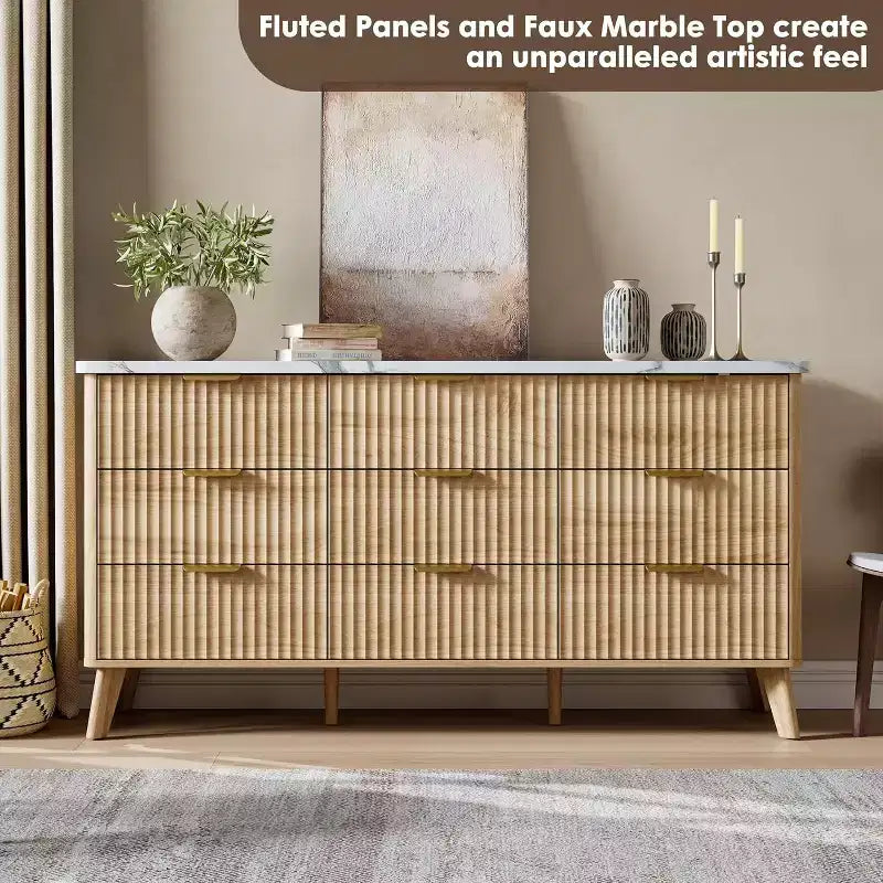 Fluted 9-Drawer Dresser, 60.6 Wide Wood Chest of Drawers with Deep Storage, for Bedroom, Living Room, or Hallway Use