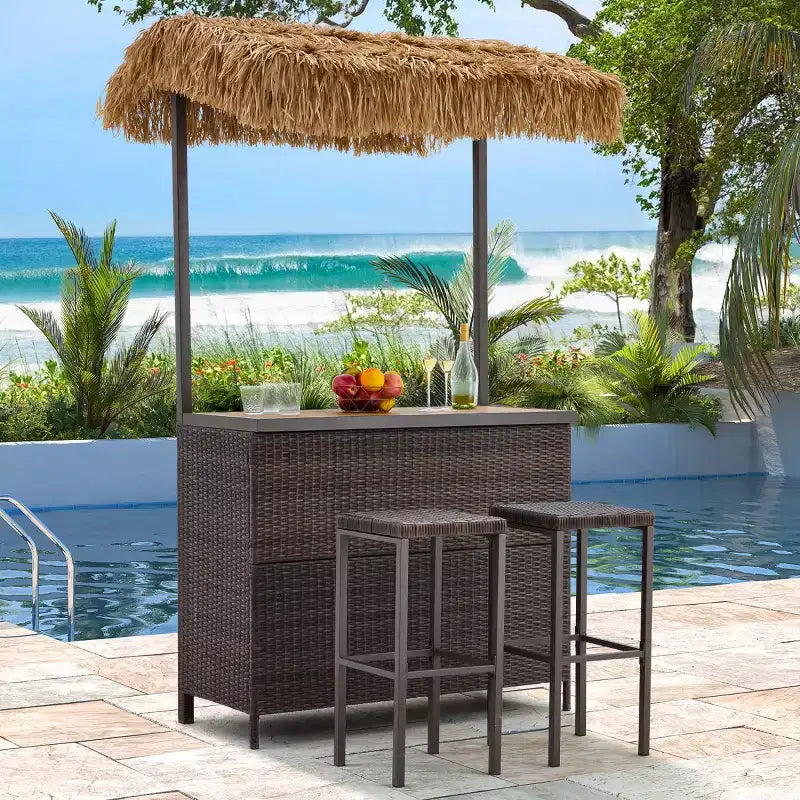 EROMMY Outdoor Tiki Bar Set, Wicker Patio Bar w/2 Stools, Storage Shelf for Backyard Poolside Garden